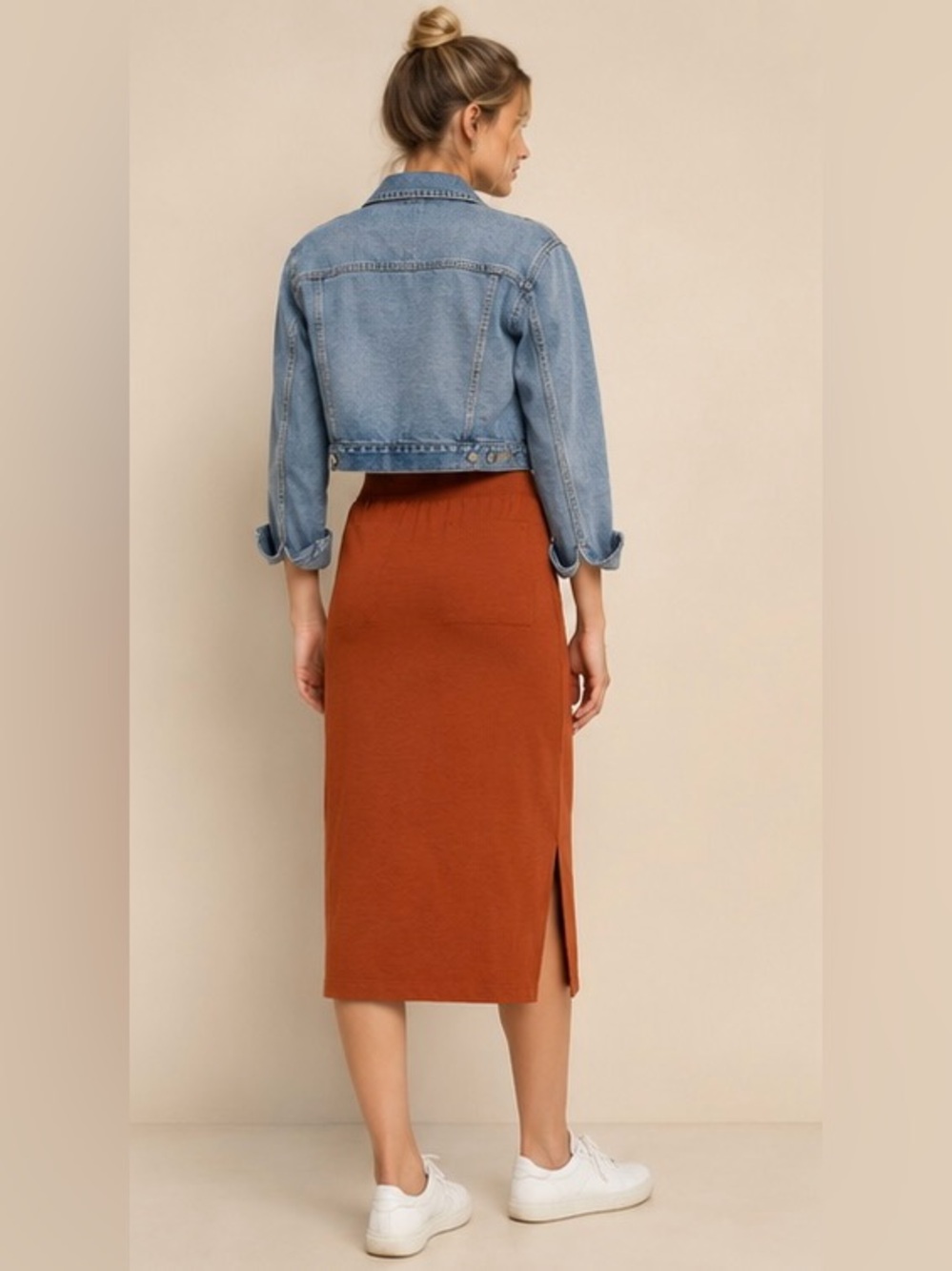 Lou & Grey Signaturesoft Pocket Midi Skirt Rust Small Buttery Soft Side Slit - Picture 2 of 6